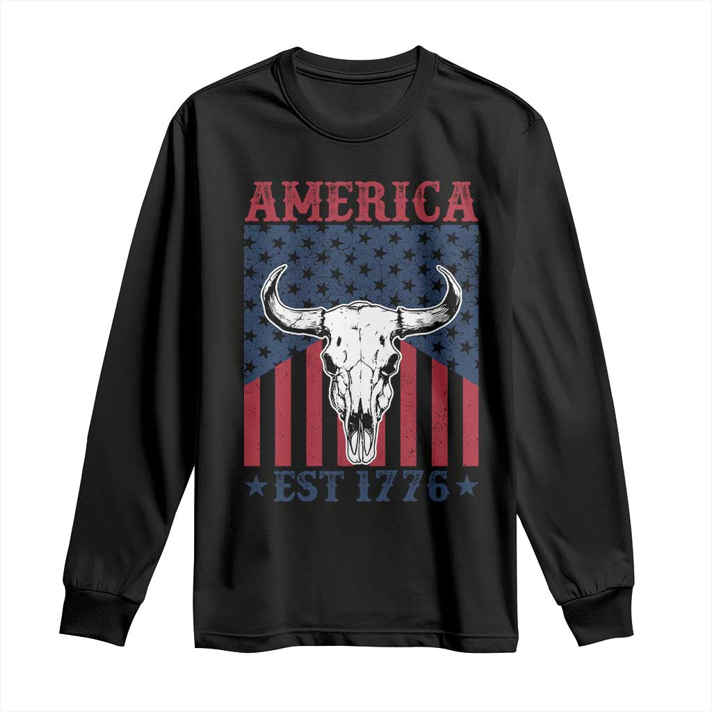 Funny 4th Of July Western Long Sleeve Shirt America EST 1776 Long Horn Skull - Wonder Print Shop