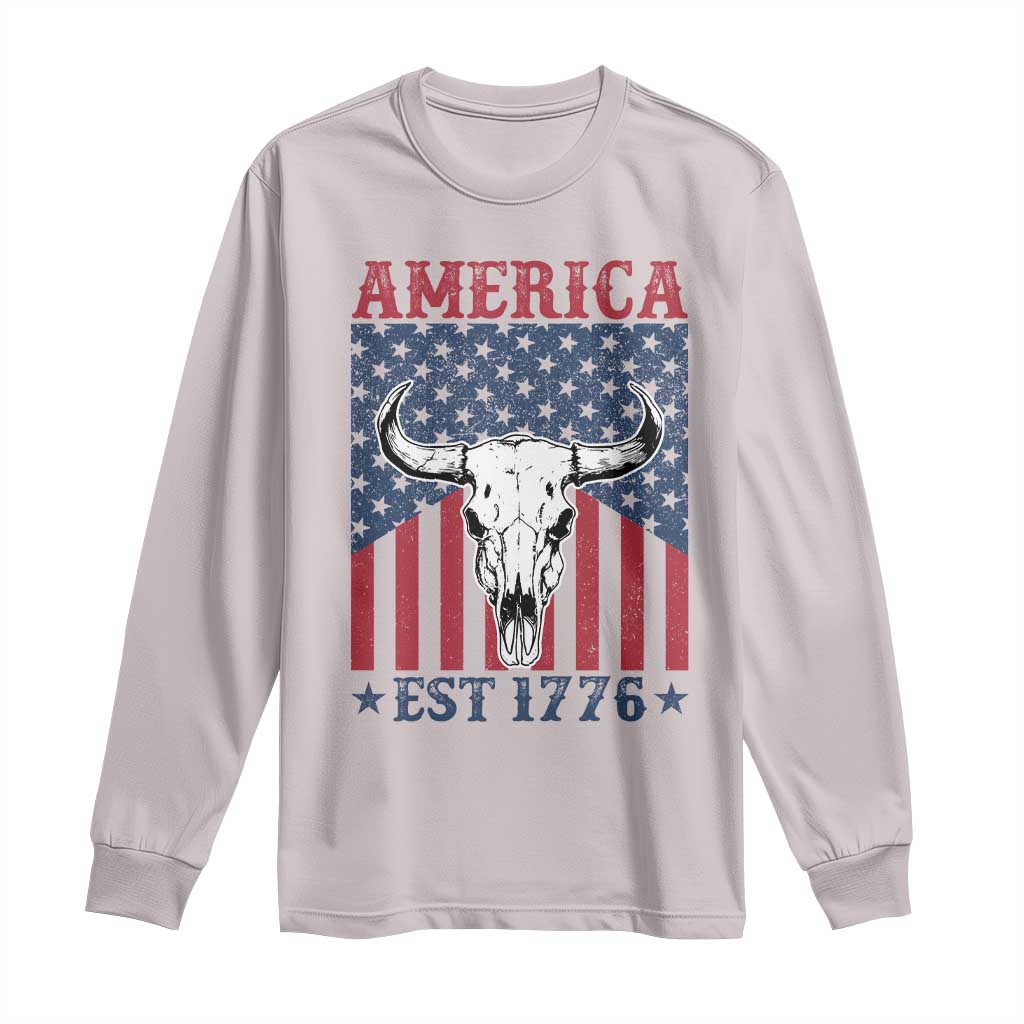 Funny 4th Of July Western Long Sleeve Shirt America EST 1776 Long Horn Skull - Wonder Print Shop