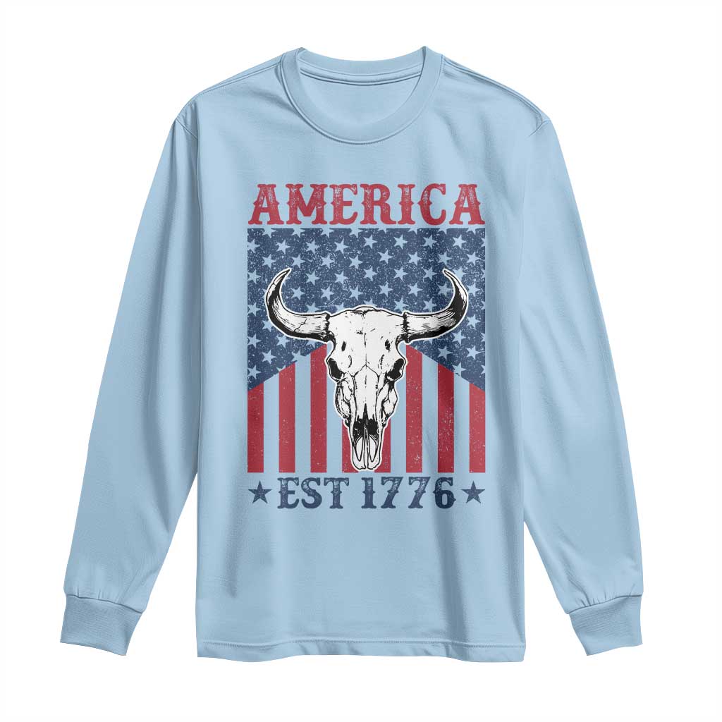 Funny 4th Of July Western Long Sleeve Shirt America EST 1776 Long Horn Skull - Wonder Print Shop