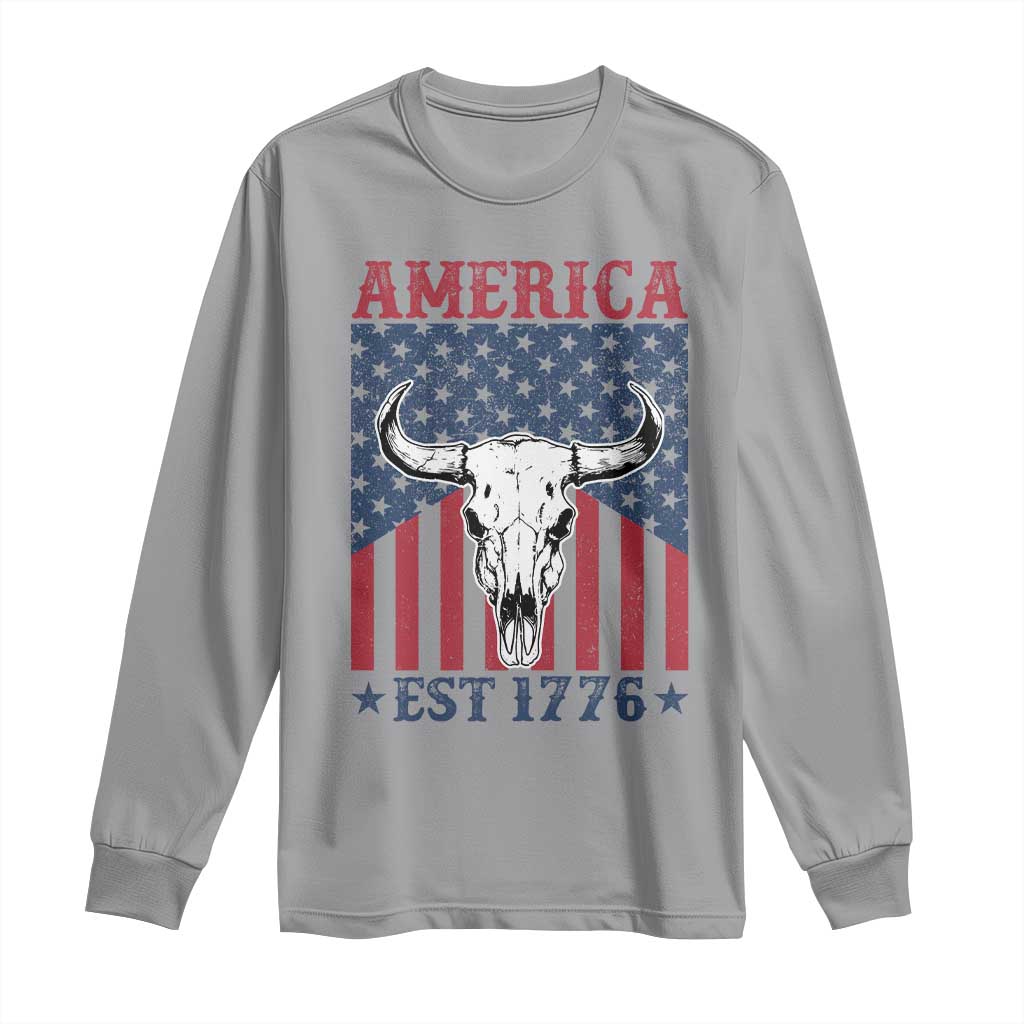 Funny 4th Of July Western Long Sleeve Shirt America EST 1776 Long Horn Skull - Wonder Print Shop