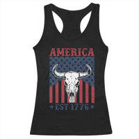 Funny 4th Of July Western Racerback Tank Top America EST 1776 Long Horn Skull - Wonder Print Shop
