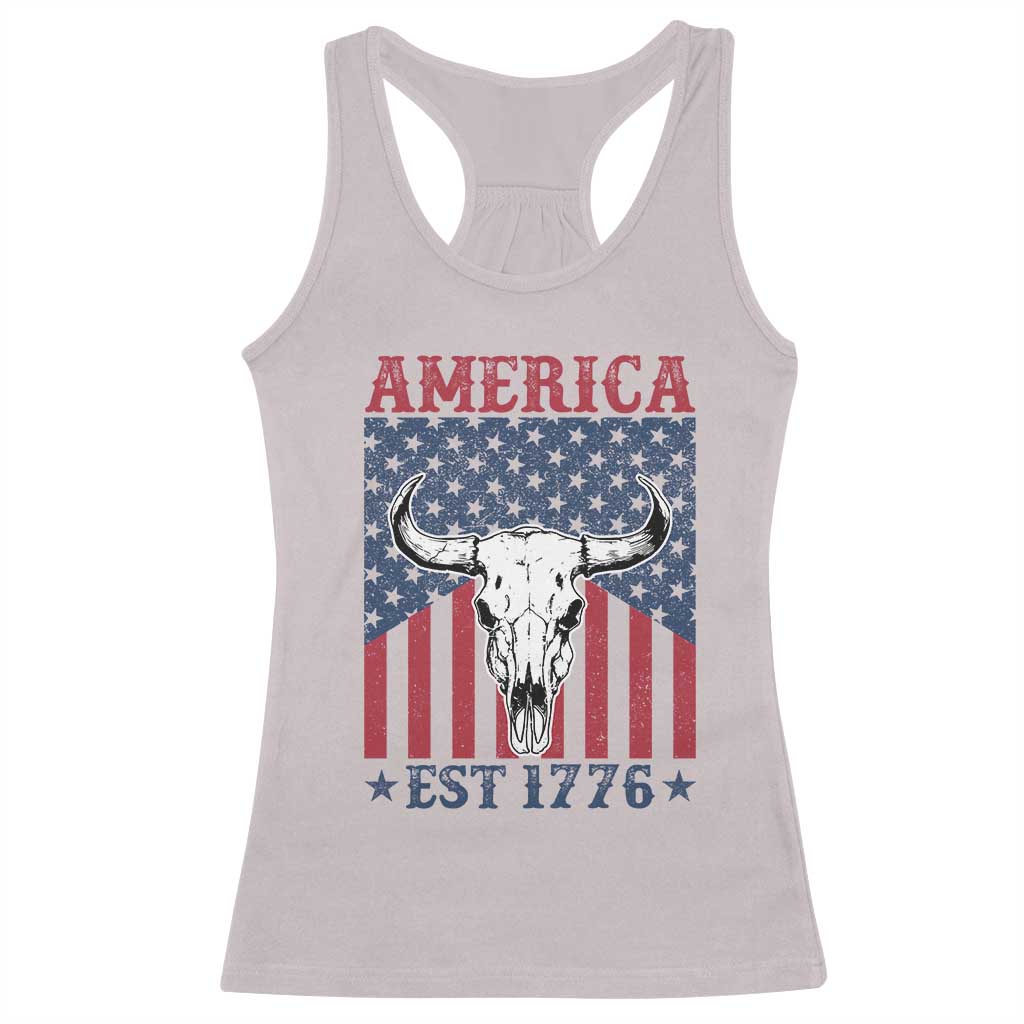 Funny 4th Of July Western Racerback Tank Top America EST 1776 Long Horn Skull - Wonder Print Shop