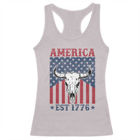Funny 4th Of July Western Racerback Tank Top America EST 1776 Long Horn Skull - Wonder Print Shop
