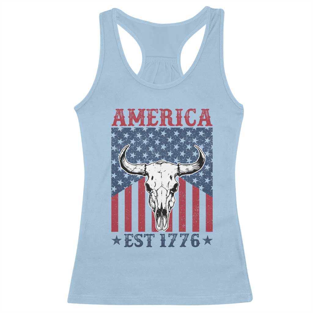 Funny 4th Of July Western Racerback Tank Top America EST 1776 Long Horn Skull - Wonder Print Shop