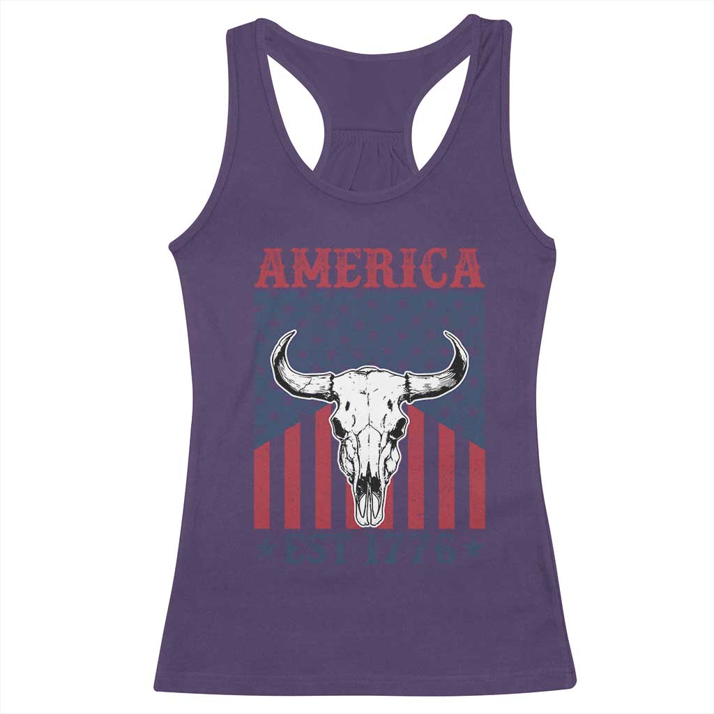 Funny 4th Of July Western Racerback Tank Top America EST 1776 Long Horn Skull - Wonder Print Shop