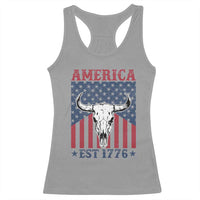 Funny 4th Of July Western Racerback Tank Top America EST 1776 Long Horn Skull - Wonder Print Shop