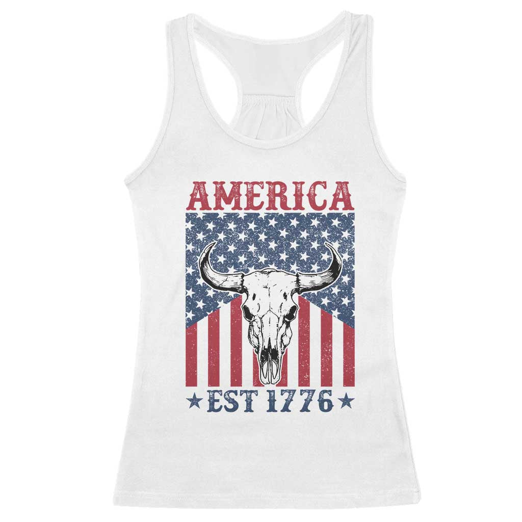 Funny 4th Of July Western Racerback Tank Top America EST 1776 Long Horn Skull - Wonder Print Shop