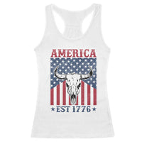 Funny 4th Of July Western Racerback Tank Top America EST 1776 Long Horn Skull - Wonder Print Shop