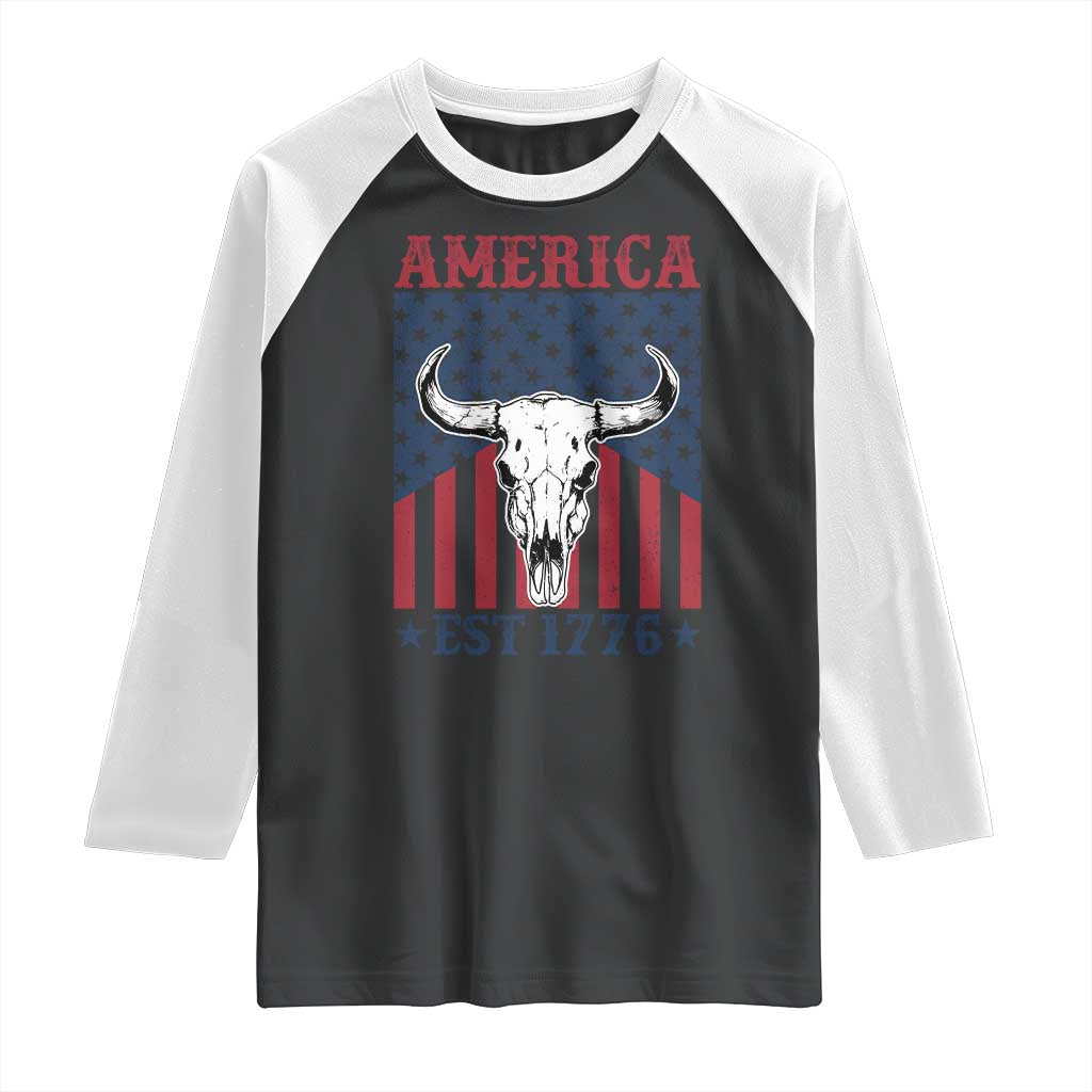 Funny 4th Of July Western Raglan Shirt America EST 1776 Long Horn Skull - Wonder Print Shop