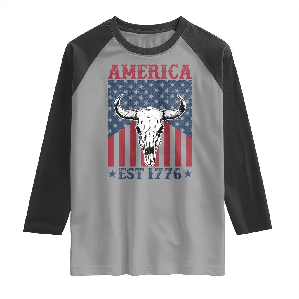 Funny 4th Of July Western Raglan Shirt America EST 1776 Long Horn Skull - Wonder Print Shop