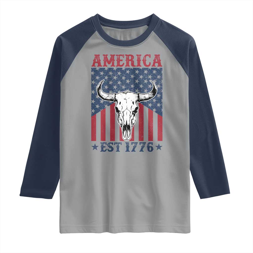 Funny 4th Of July Western Raglan Shirt America EST 1776 Long Horn Skull - Wonder Print Shop