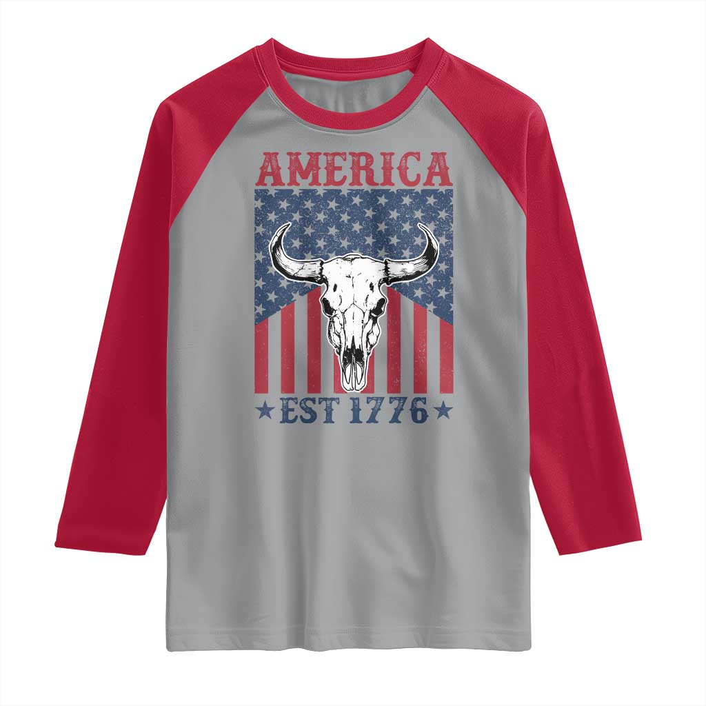 Funny 4th Of July Western Raglan Shirt America EST 1776 Long Horn Skull - Wonder Print Shop