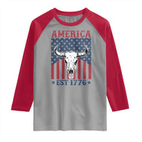 Funny 4th Of July Western Raglan Shirt America EST 1776 Long Horn Skull - Wonder Print Shop