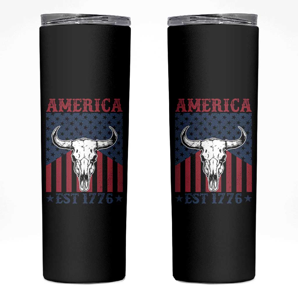 Funny 4th Of July Western Skinny Tumbler America EST 1776 Long Horn Skull - Wonder Print Shop