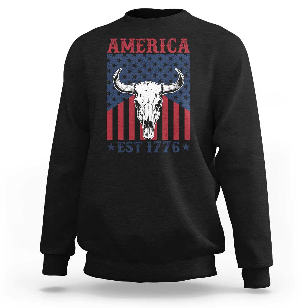 Funny 4th Of July Western Sweatshirt America EST 1776 Long Horn Skull - Wonder Print Shop