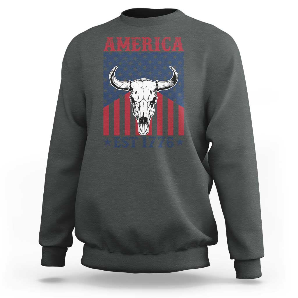 Funny 4th Of July Western Sweatshirt America EST 1776 Long Horn Skull - Wonder Print Shop