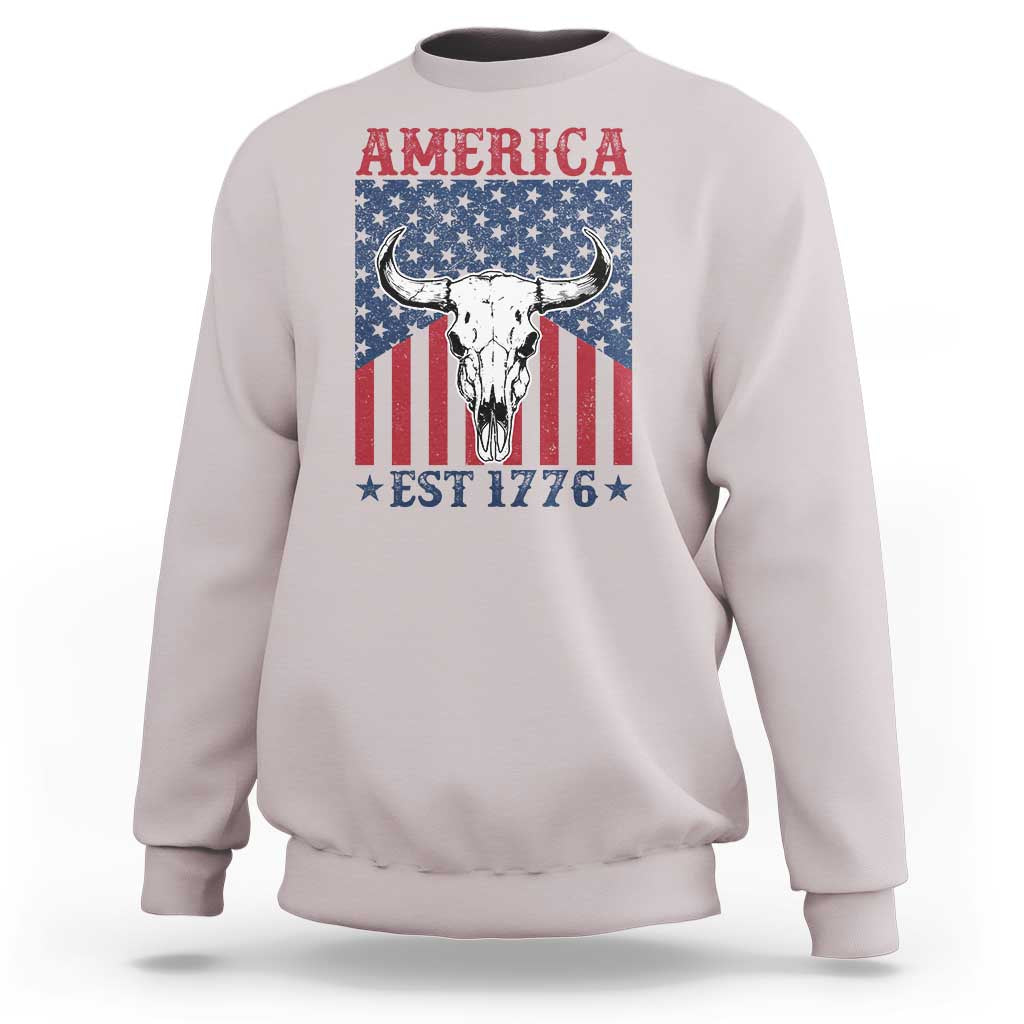Funny 4th Of July Western Sweatshirt America EST 1776 Long Horn Skull - Wonder Print Shop