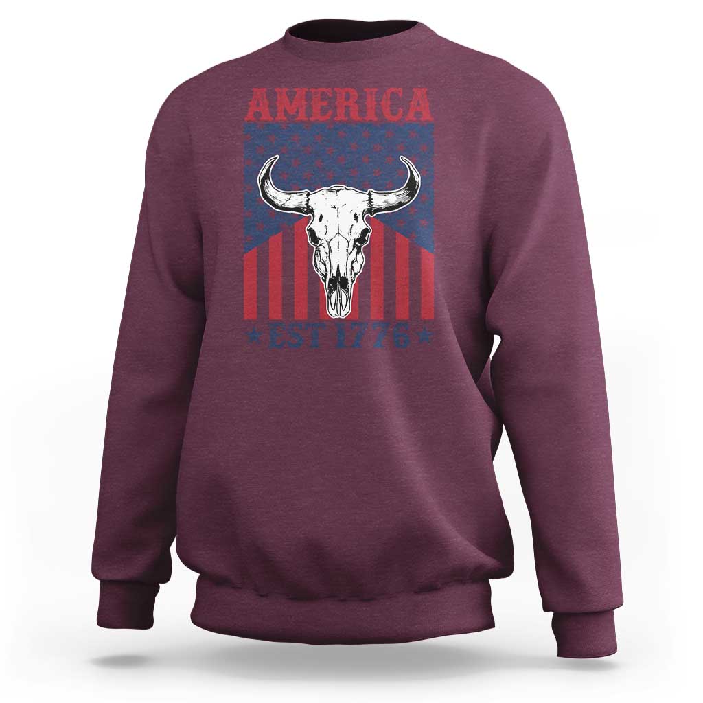 Funny 4th Of July Western Sweatshirt America EST 1776 Long Horn Skull - Wonder Print Shop