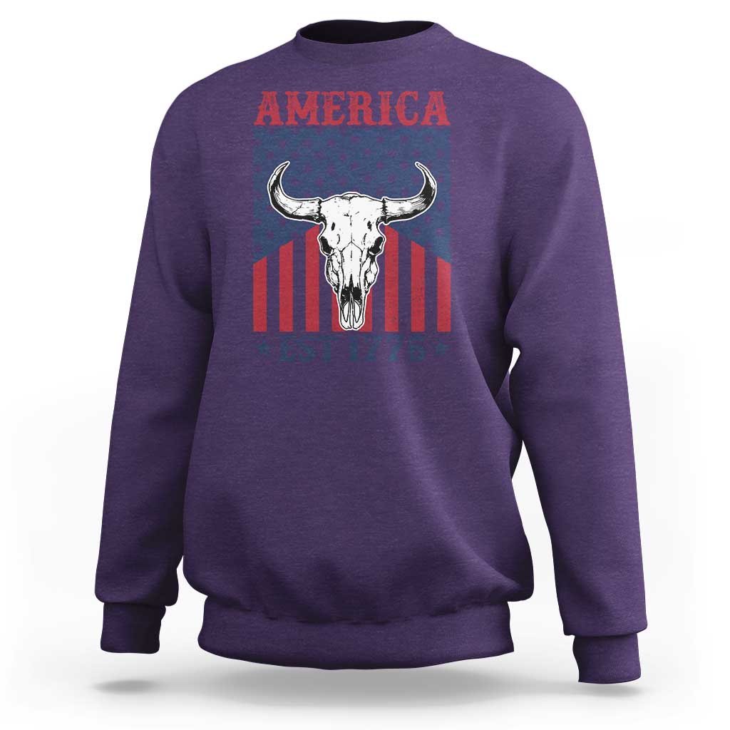 Funny 4th Of July Western Sweatshirt America EST 1776 Long Horn Skull - Wonder Print Shop