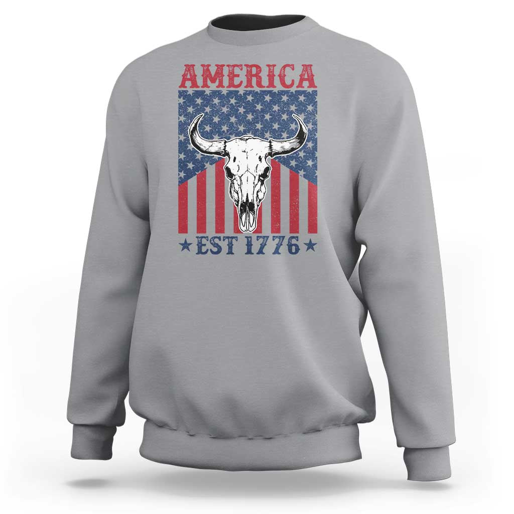 Funny 4th Of July Western Sweatshirt America EST 1776 Long Horn Skull - Wonder Print Shop