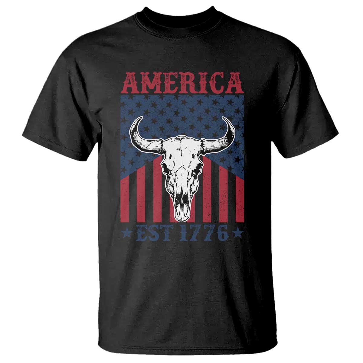 Funny 4th Of July Western T Shirt America EST 1776 Long Horn Skull - Wonder Print Shop