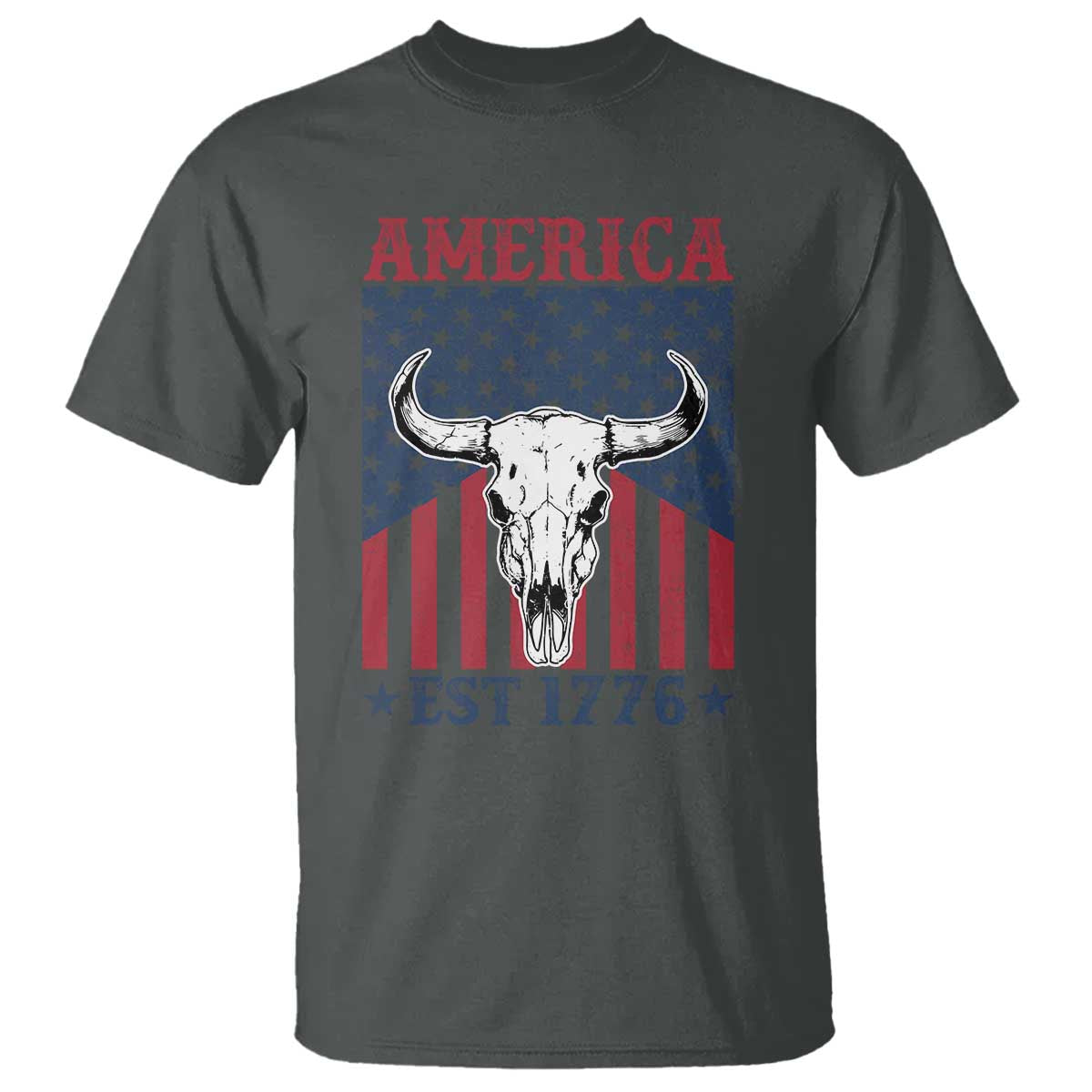 Funny 4th Of July Western T Shirt America EST 1776 Long Horn Skull - Wonder Print Shop