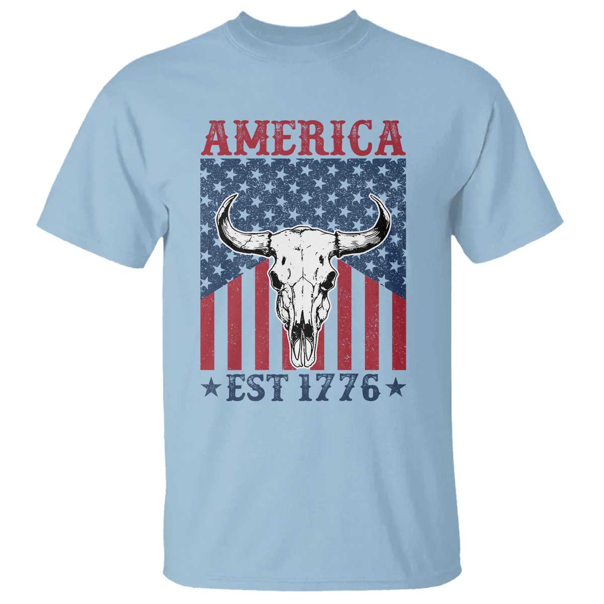 Funny 4th Of July Western T Shirt America EST 1776 Long Horn Skull - Wonder Print Shop