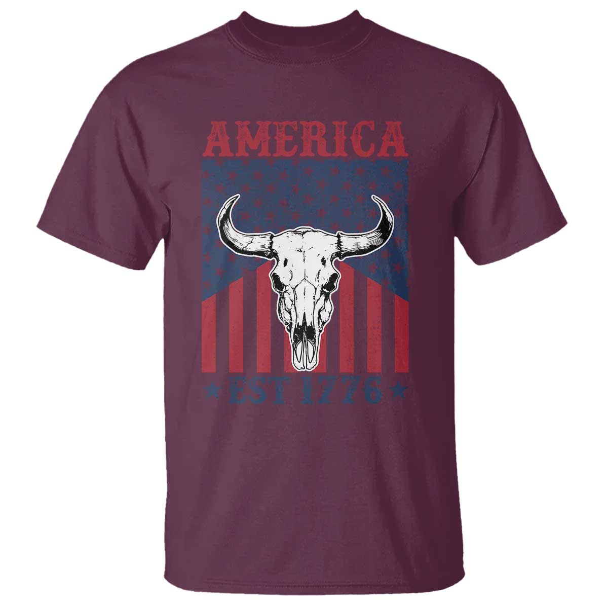 Funny 4th Of July Western T Shirt America EST 1776 Long Horn Skull - Wonder Print Shop