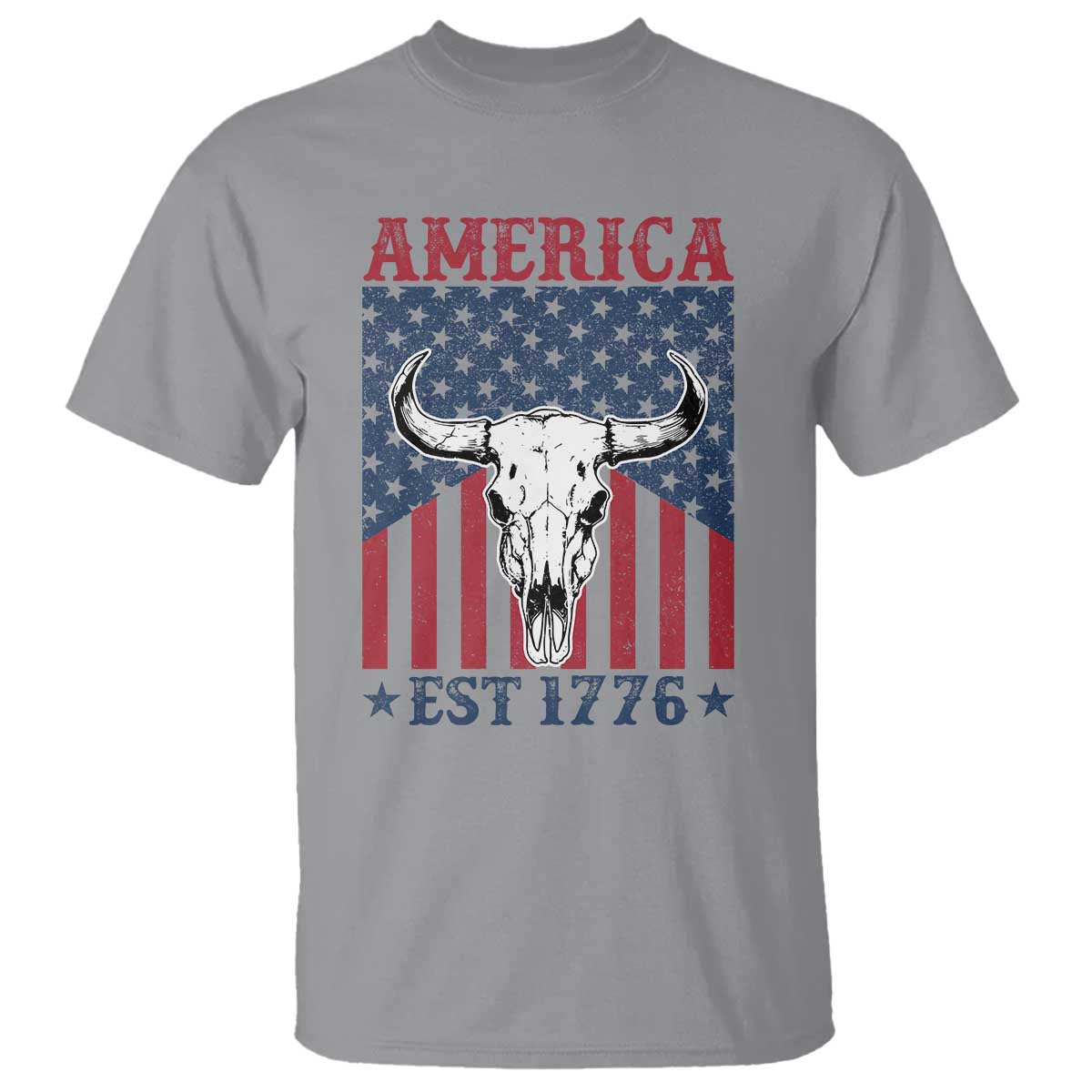 Funny 4th Of July Western T Shirt America EST 1776 Long Horn Skull - Wonder Print Shop