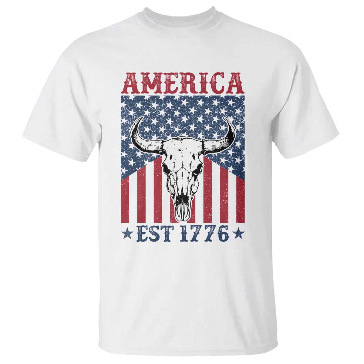 Funny 4th Of July Western T Shirt America EST 1776 Long Horn Skull - Wonder Print Shop