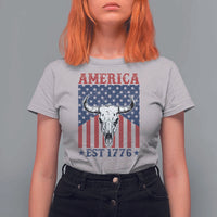 Funny 4th Of July Western T Shirt For Women America EST 1776 Long Horn Skull - Wonder Print Shop
