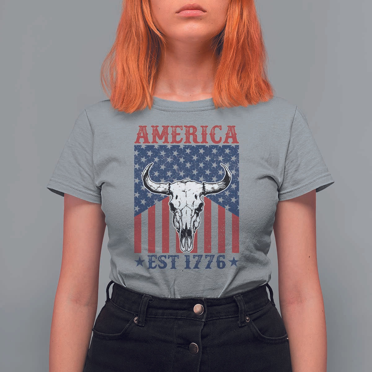 Funny 4th Of July Western T Shirt For Women America EST 1776 Long Horn Skull - Wonder Print Shop