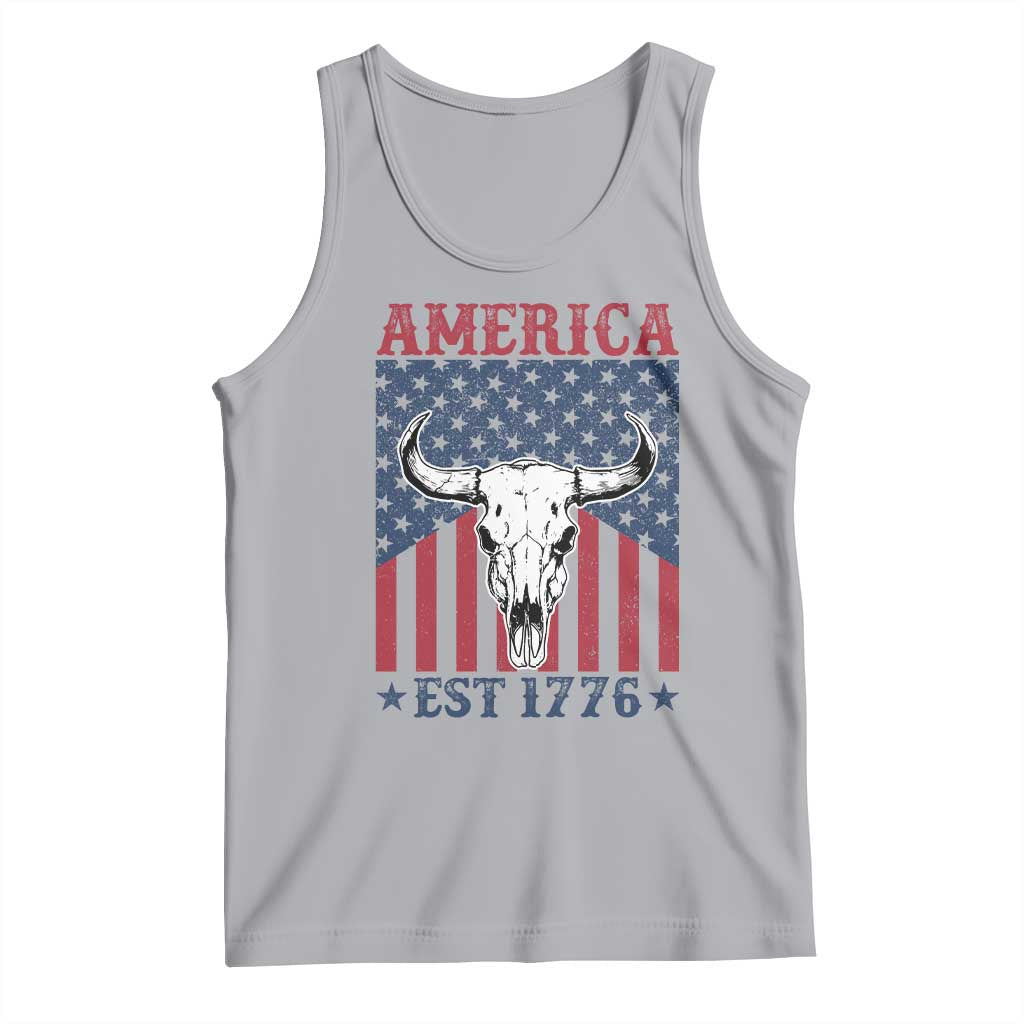 Funny 4th Of July Western Tank Top America EST 1776 Long Horn Skull - Wonder Print Shop
