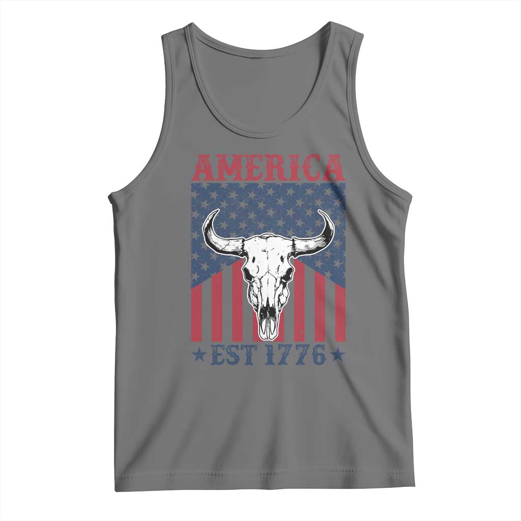 Funny 4th Of July Western Tank Top America EST 1776 Long Horn Skull - Wonder Print Shop