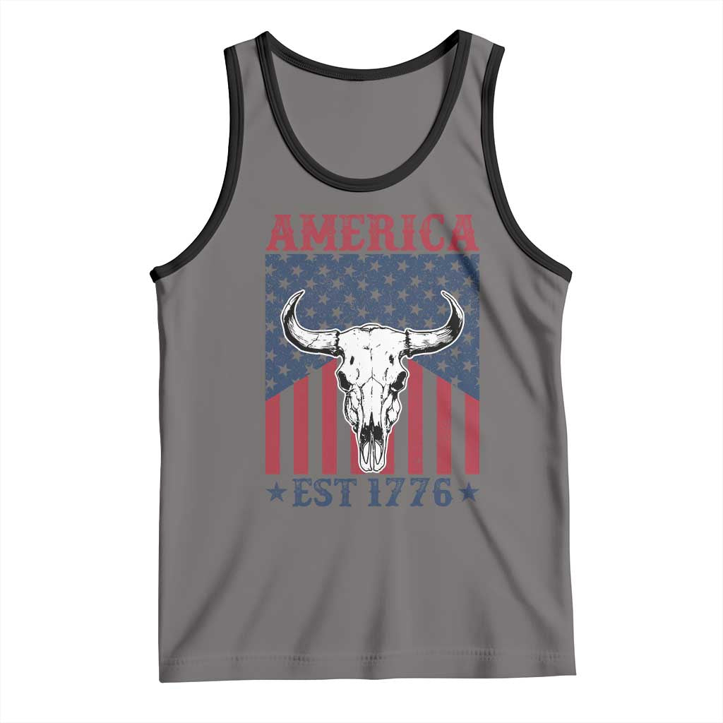 Funny 4th Of July Western Tank Top America EST 1776 Long Horn Skull - Wonder Print Shop