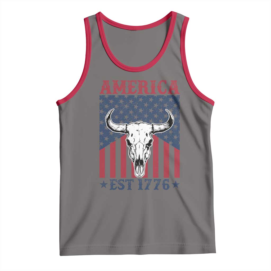 Funny 4th Of July Western Tank Top America EST 1776 Long Horn Skull - Wonder Print Shop