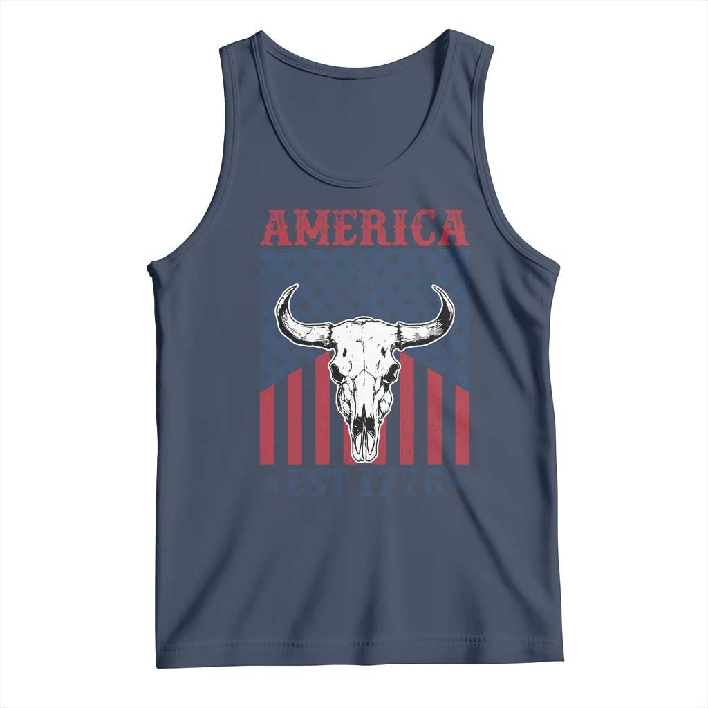 Funny 4th Of July Western Tank Top America EST 1776 Long Horn Skull - Wonder Print Shop