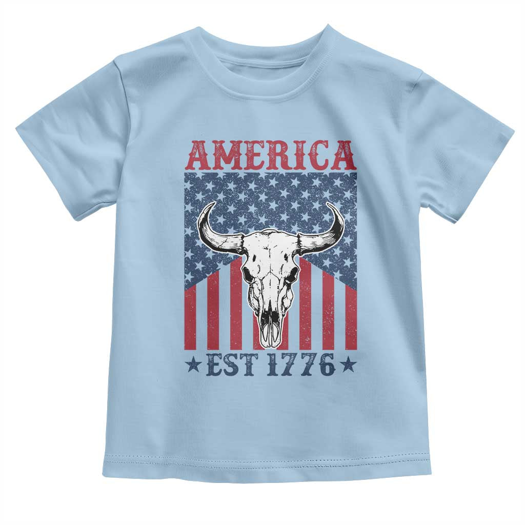 Funny 4th Of July Western Toddler T Shirt America EST 1776 Long Horn Skull - Wonder Print Shop