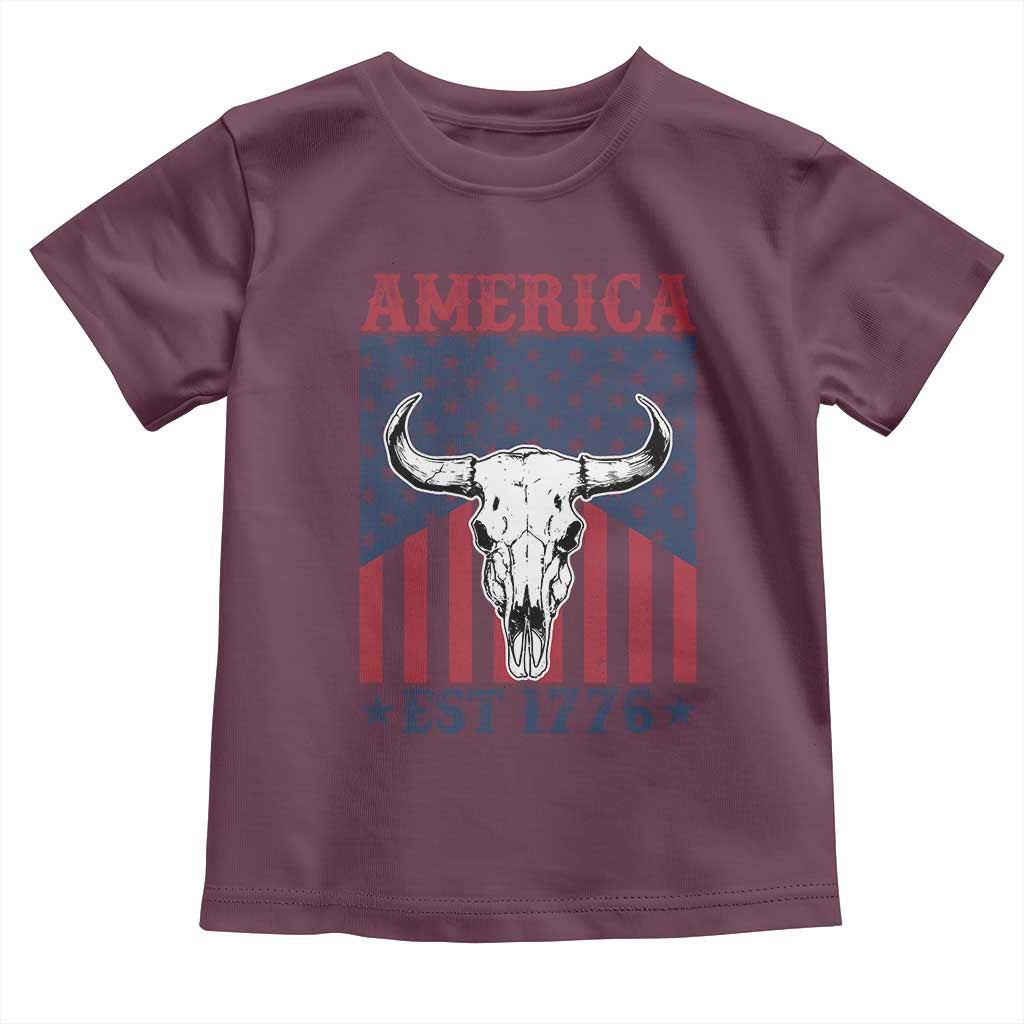 Funny 4th Of July Western Toddler T Shirt America EST 1776 Long Horn Skull - Wonder Print Shop