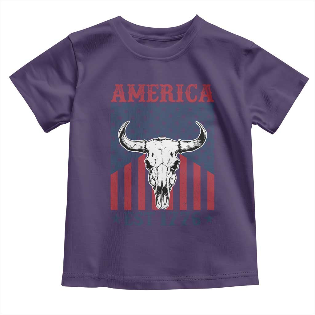 Funny 4th Of July Western Toddler T Shirt America EST 1776 Long Horn Skull - Wonder Print Shop