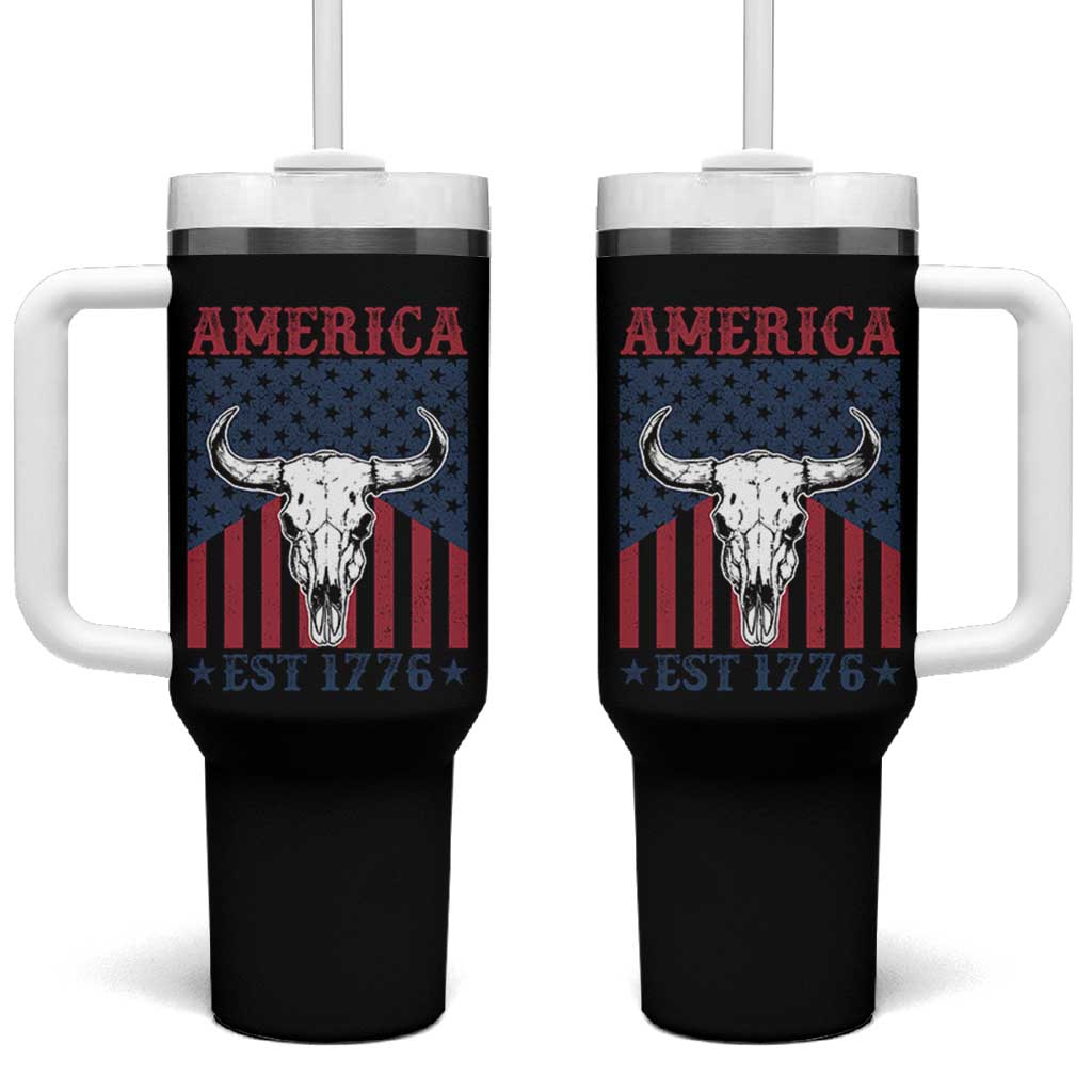 Funny 4th Of July Western Tumbler With Handle America EST 1776 Long Horn Skull - Wonder Print Shop