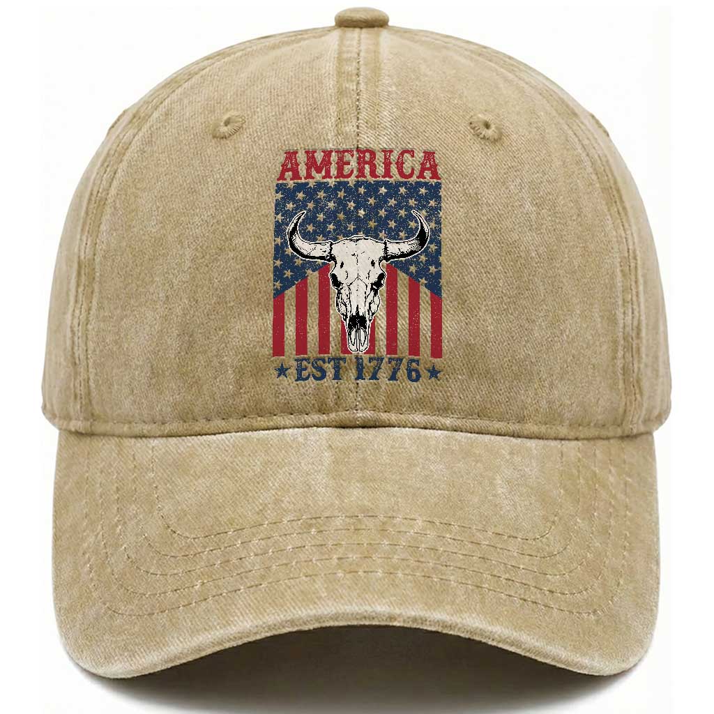 Funny 4th Of July Western Washed Cotton Baseball Cap America EST 1776 Long Horn Skull