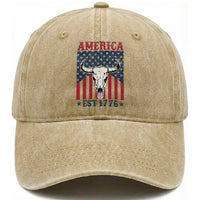 Funny 4th Of July Western Washed Cotton Baseball Cap America EST 1776 Long Horn Skull