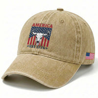 Funny 4th Of July Western Washed Cotton Baseball Cap America EST 1776 Long Horn Skull