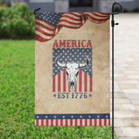 Funny 4th Of July Western Garden Flag America EST 1776 Long Horn Skull