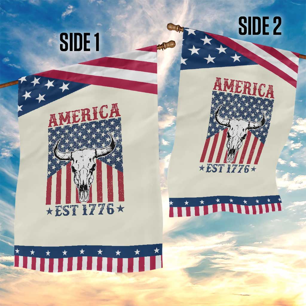 Funny 4th Of July Western Garden Flag America EST 1776 Long Horn Skull