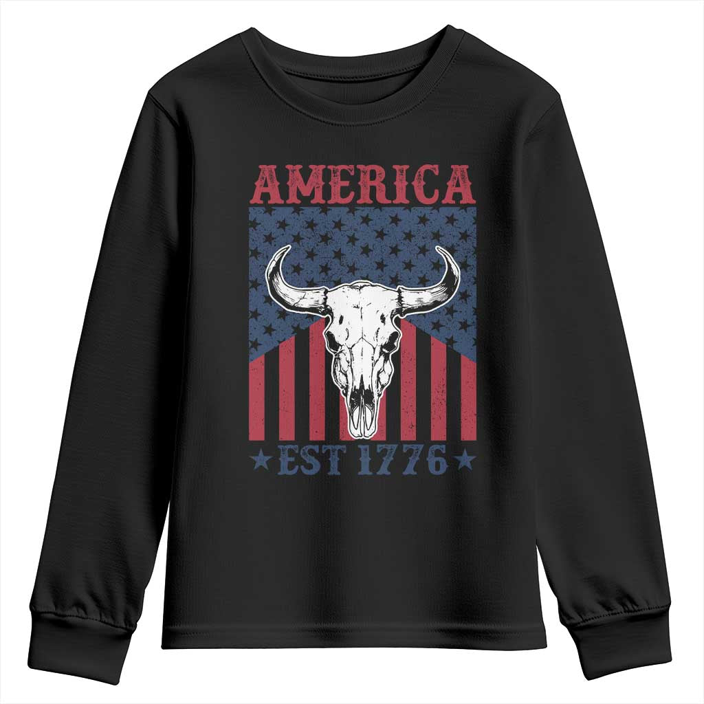 Funny 4th Of July Western Youth Sweatshirt America EST 1776 Long Horn Skull - Wonder Print Shop