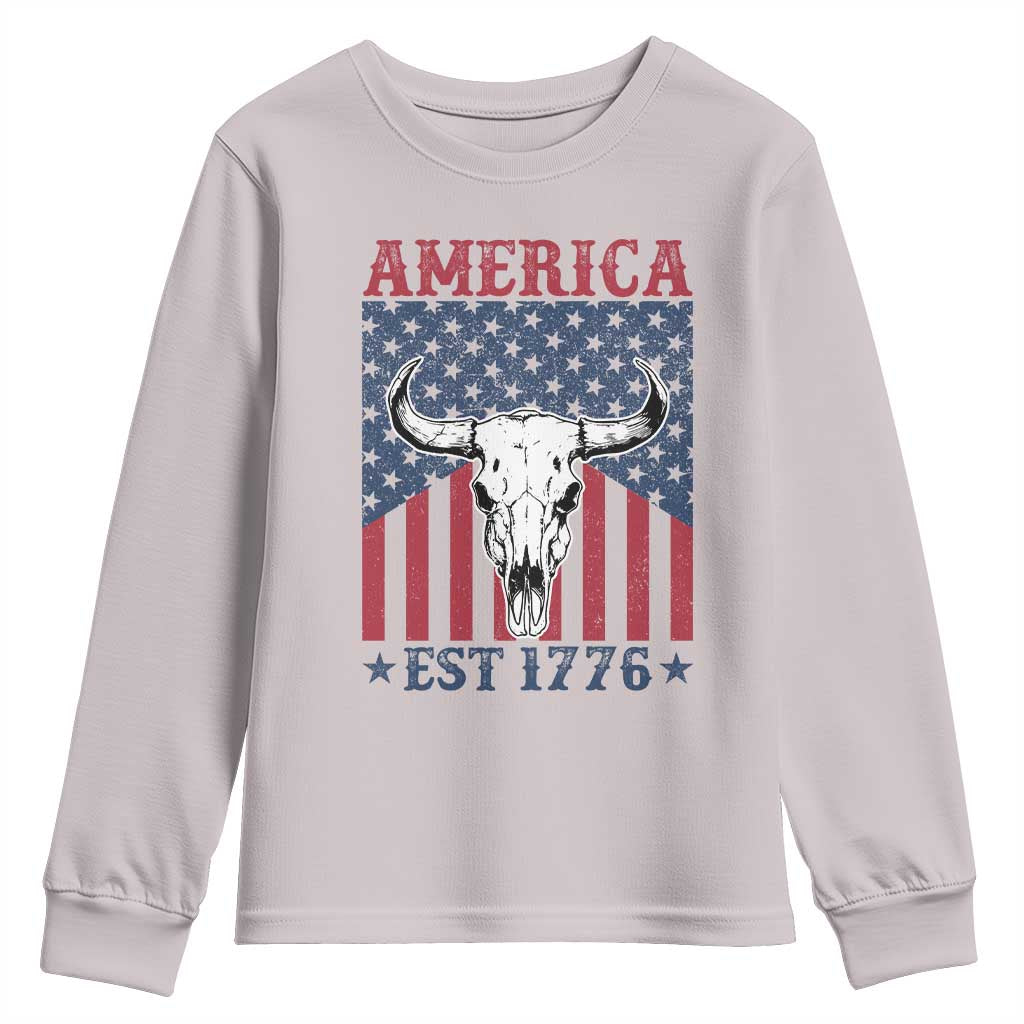 Funny 4th Of July Western Youth Sweatshirt America EST 1776 Long Horn Skull - Wonder Print Shop