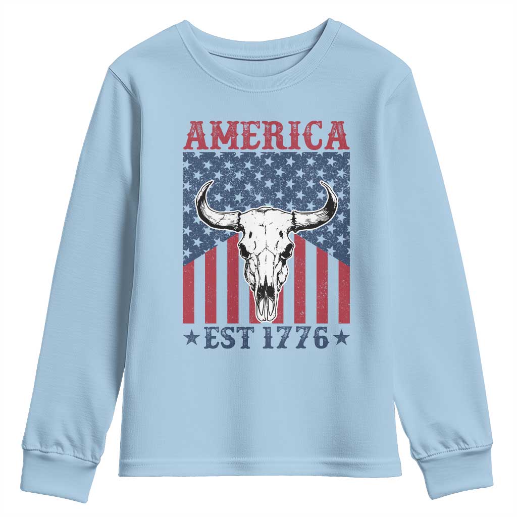 Funny 4th Of July Western Youth Sweatshirt America EST 1776 Long Horn Skull - Wonder Print Shop