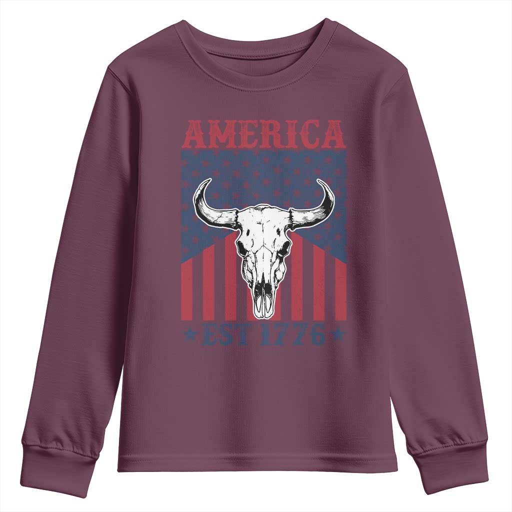 Funny 4th Of July Western Youth Sweatshirt America EST 1776 Long Horn Skull - Wonder Print Shop